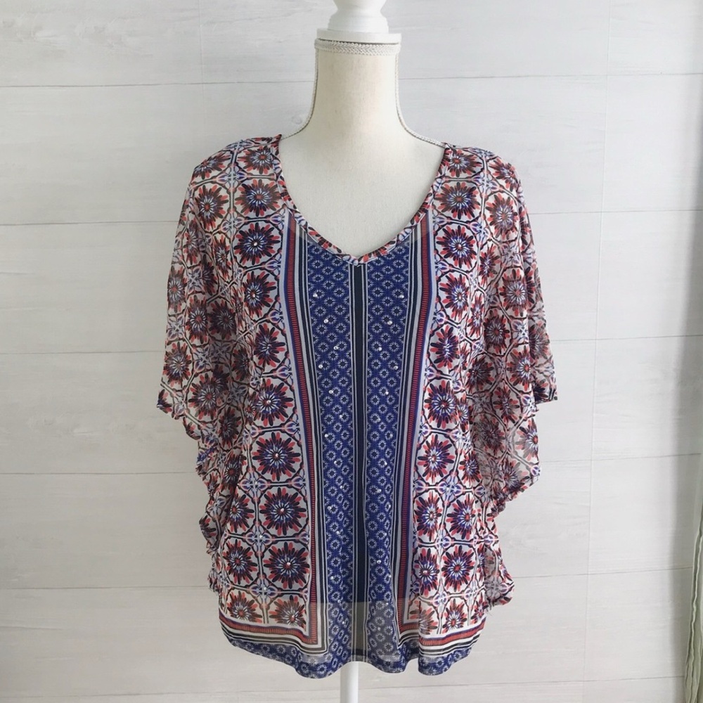 INC International Concepts Geometric Blue and Red Blouse